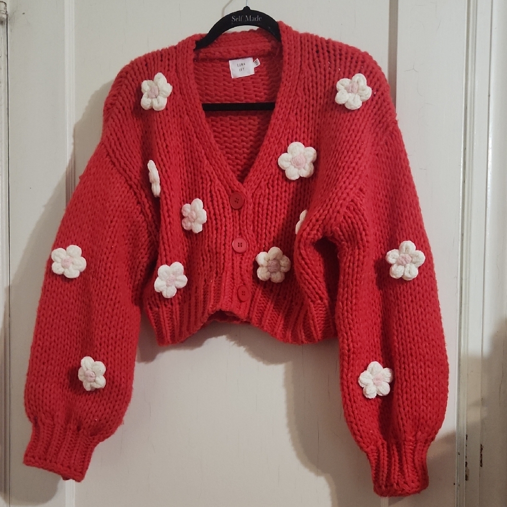 Cozy Red Knit Cardigan with Floral Accents